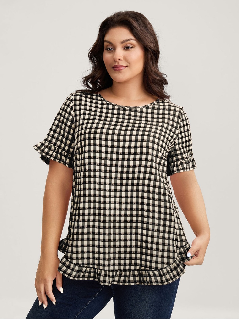 BloomChic Black & White Gingham Ruffle Button-Back Top - Picture 2 of 7